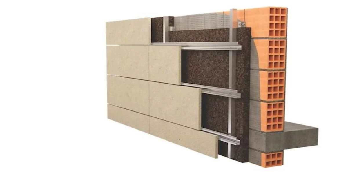 Esquema de la stratigrafía de una fachada ventilada mostrando las capas de aislamiento y ventilación